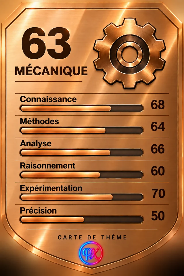 Exemple de carte de thème Mécanique : moyenne 63, avec une note sur 100 pour chacune des six compétences